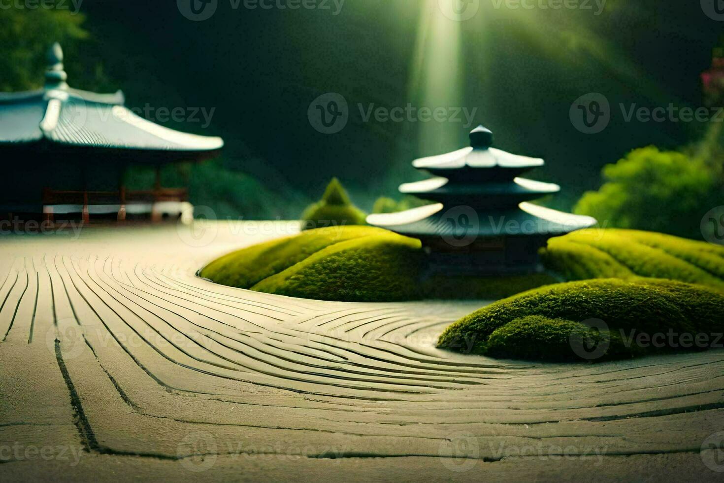 a japanese garden with a pagoda and grass. AI-Generated photo