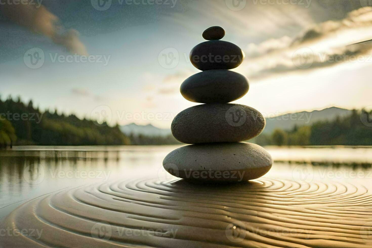 a stack of stones sitting on top of a lake. AI-Generated photo