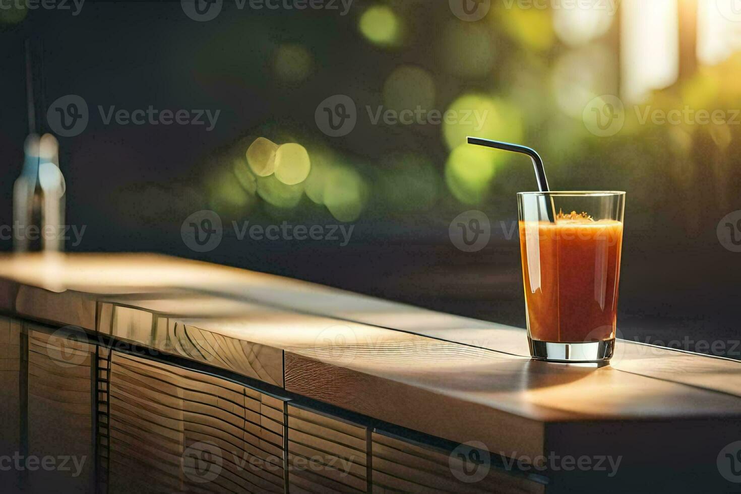a glass of orange juice on a wooden table. AI-Generated photo
