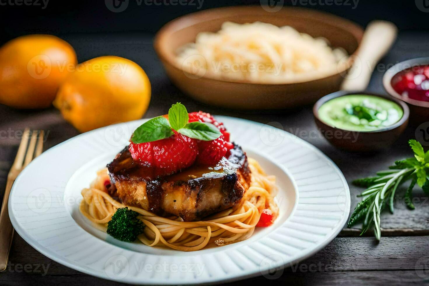 a plate with spaghetti, meat and berries. AI-Generated photo