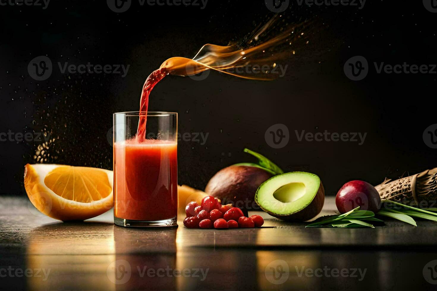 jugo siendo vertido dentro un vaso con frutas y vegetales. generado por ai foto