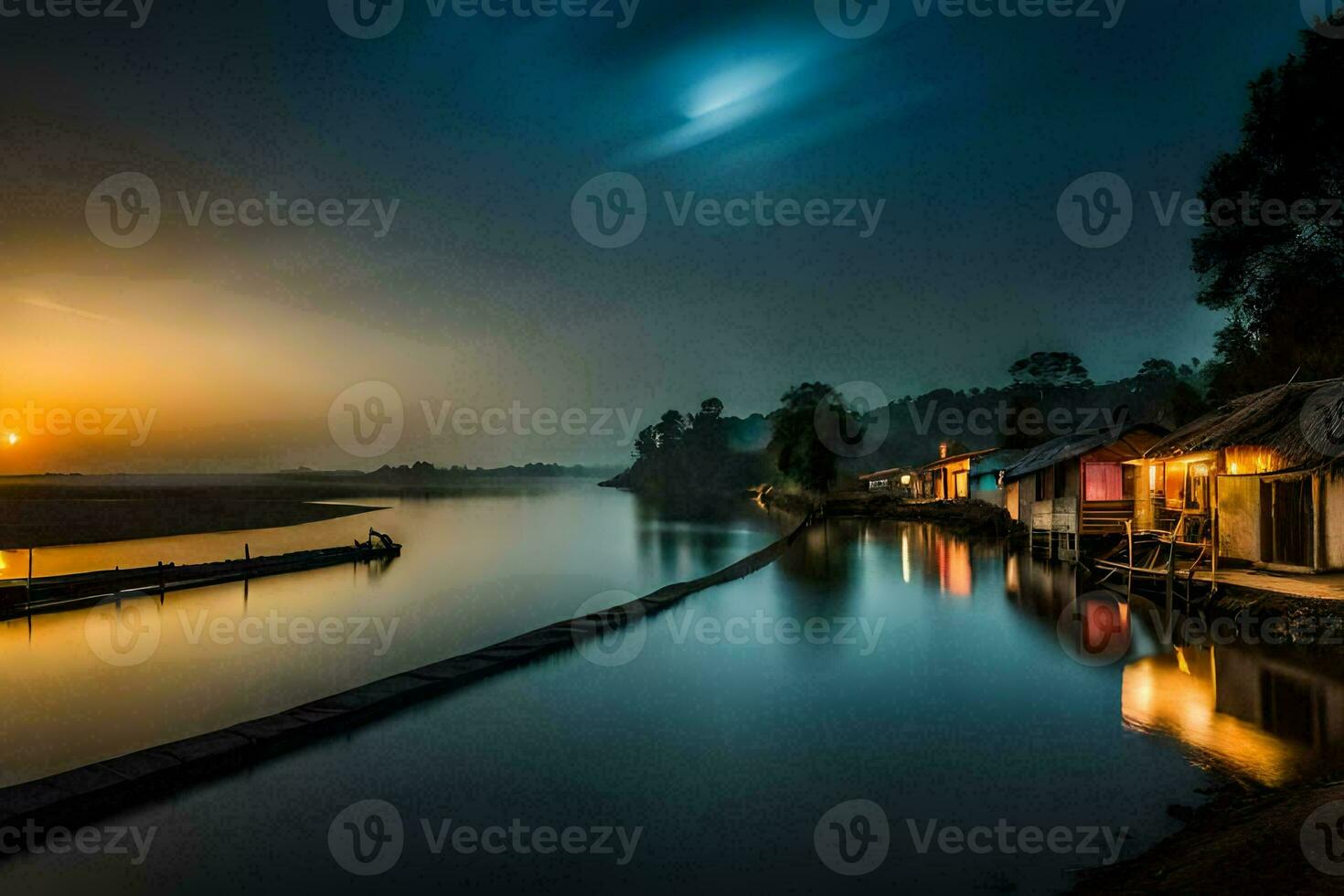 a river at sunset with houses on the shore. AI-Generated photo