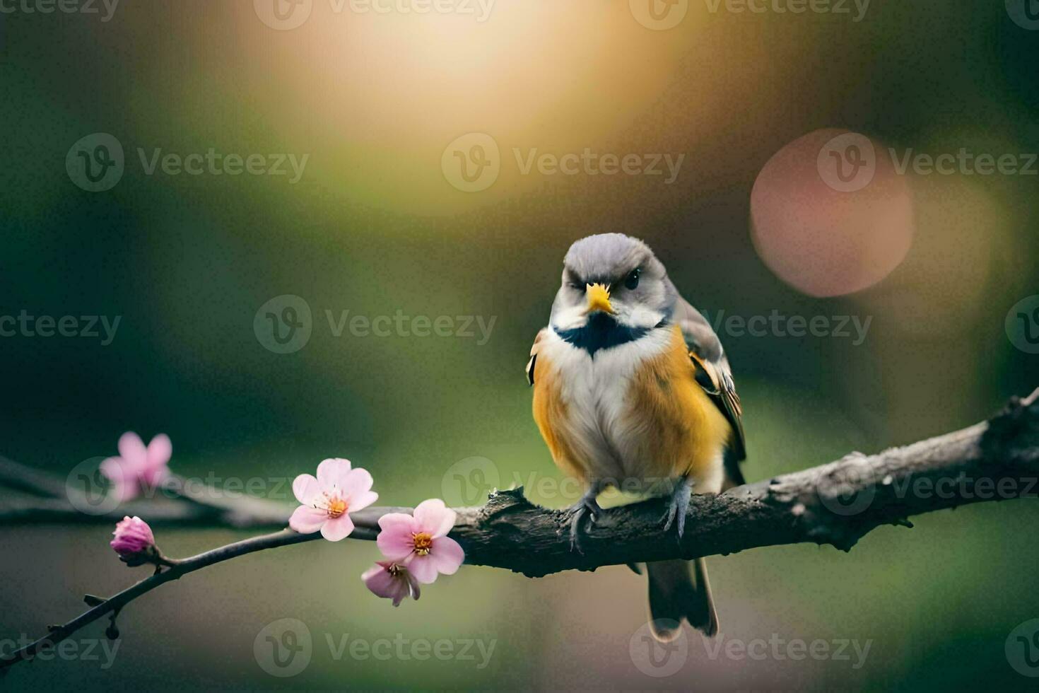 a bird sits on a branch with pink flowers. AI-Generated photo