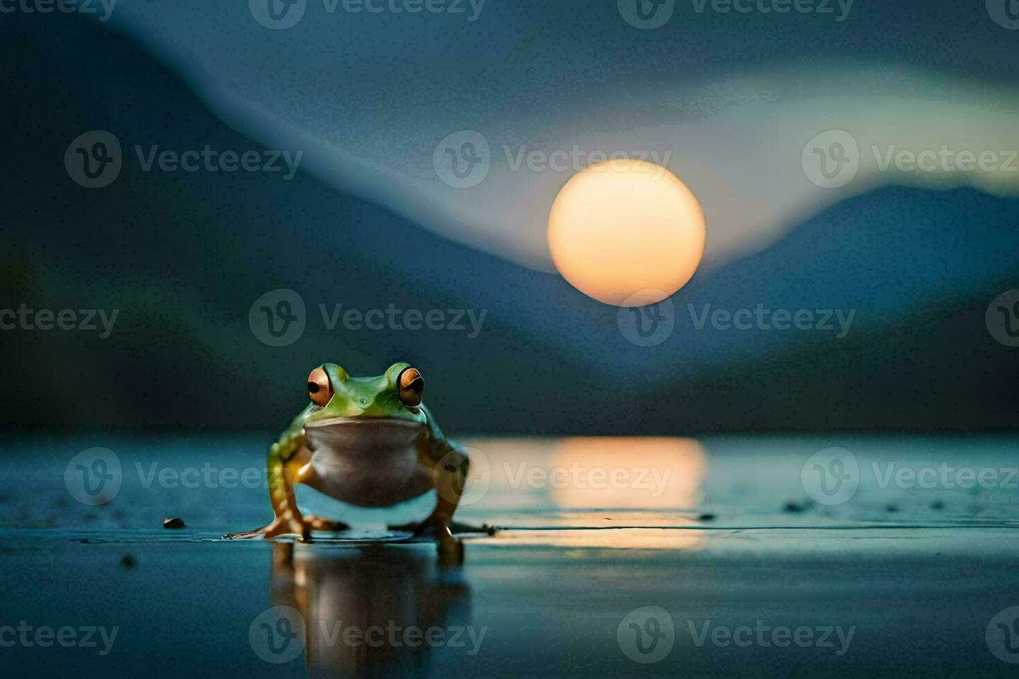 a frog standing on the water with the sun setting behind it. AI-Generated photo