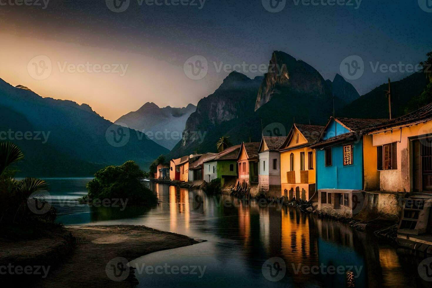 colorful houses line the shore of a lake at sunset. AI-Generated photo