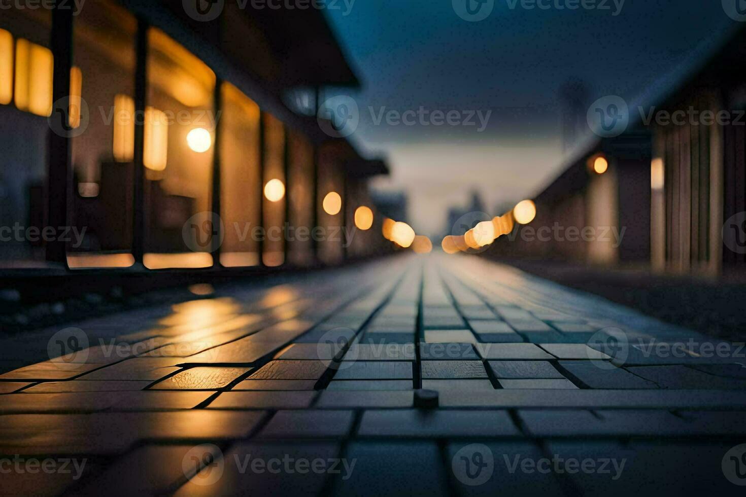 a long walkway with lights on the side. AI-Generated photo