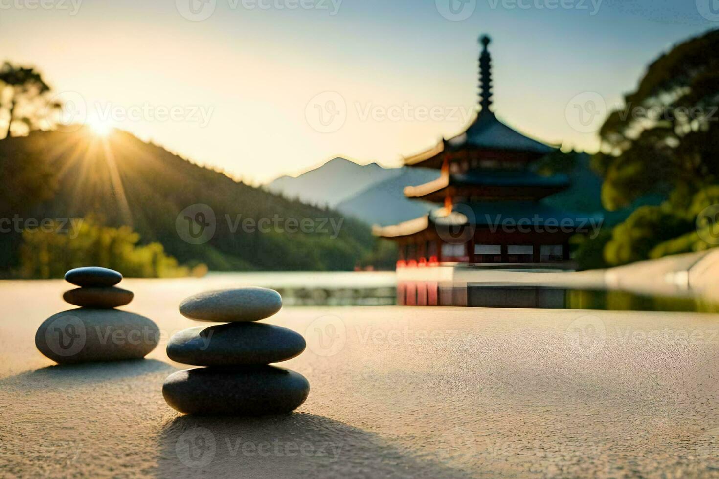 two stones are placed on the sand near a lake. AI-Generated photo