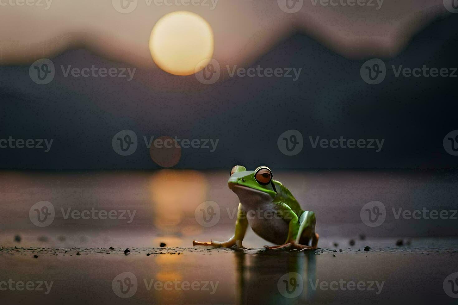 a frog sitting on the ground at sunset. AI-Generated photo