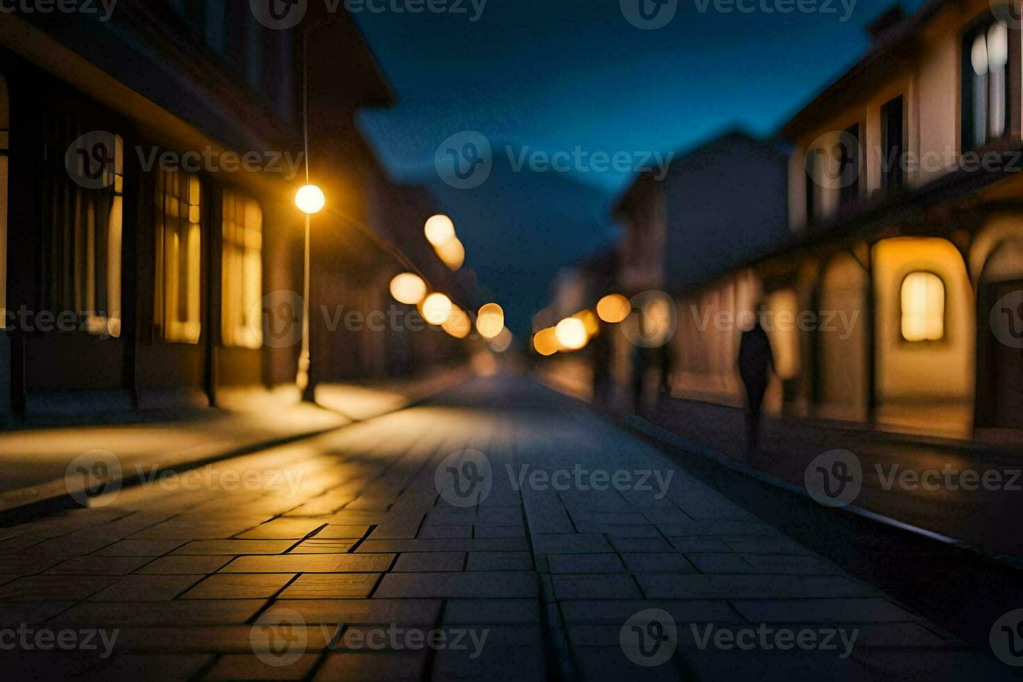 un calle a noche con luces en el edificios generado por ai foto