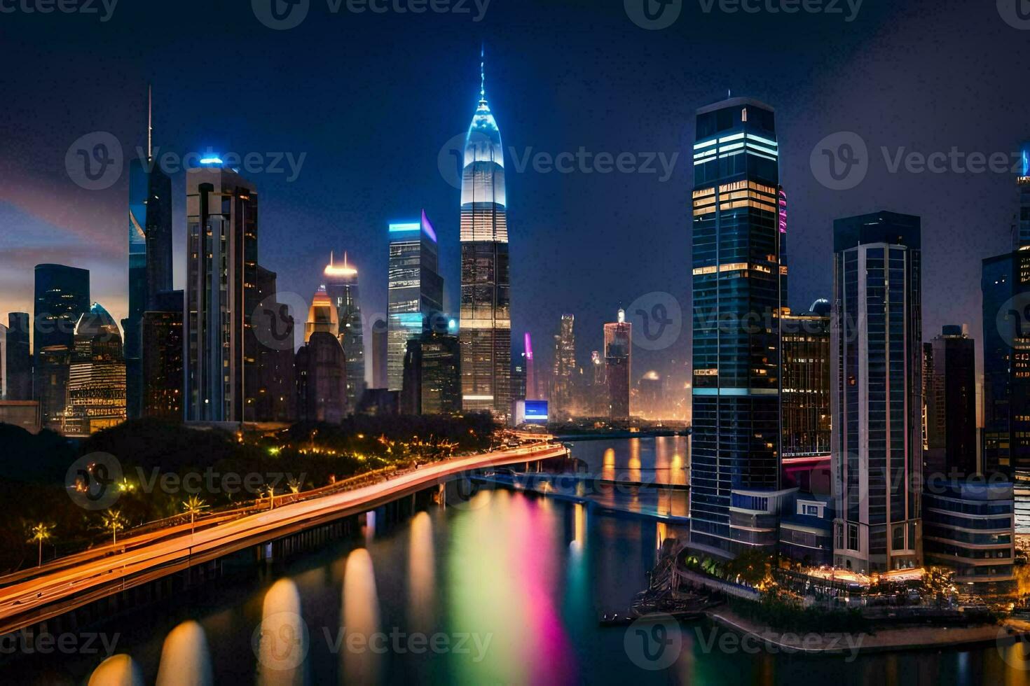 the city skyline at night with lights on. AI-Generated photo