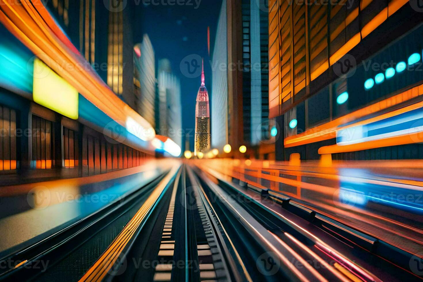 a blurry image of a city street at night. AI-Generated photo