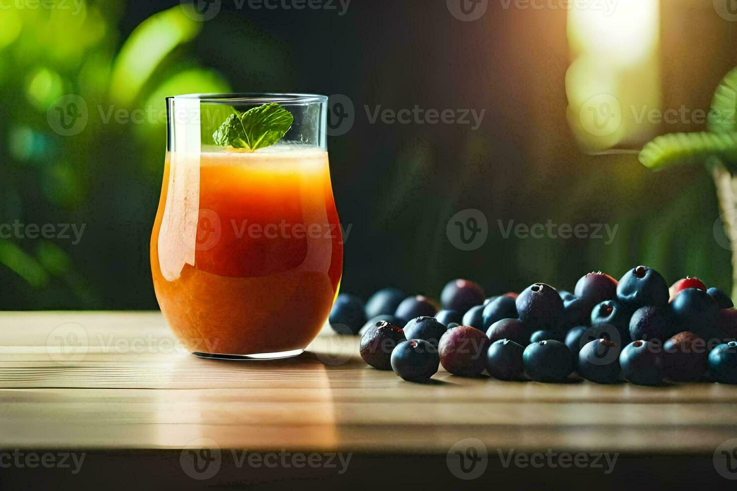 a glass of juice with blueberries on a table. AI-Generated photo