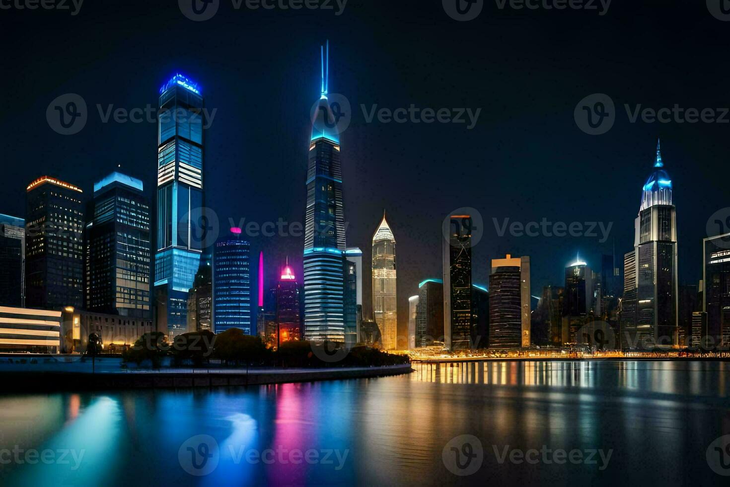 the city skyline at night with lights reflecting off the water. AI-Generated photo