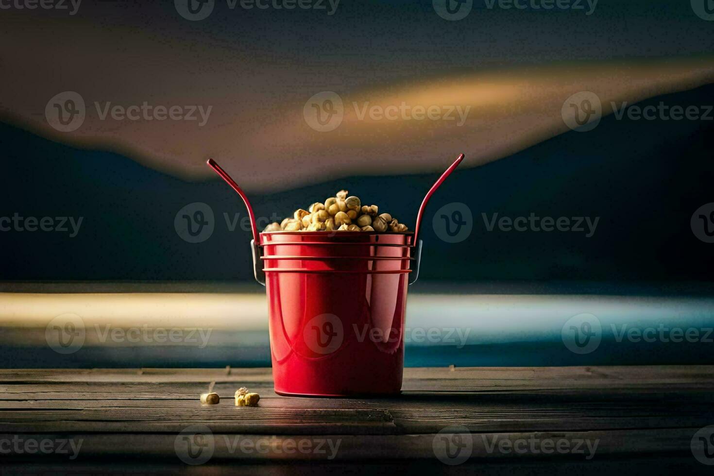 a bucket of popcorn on a wooden table with a lake in the background. AI-Generated photo