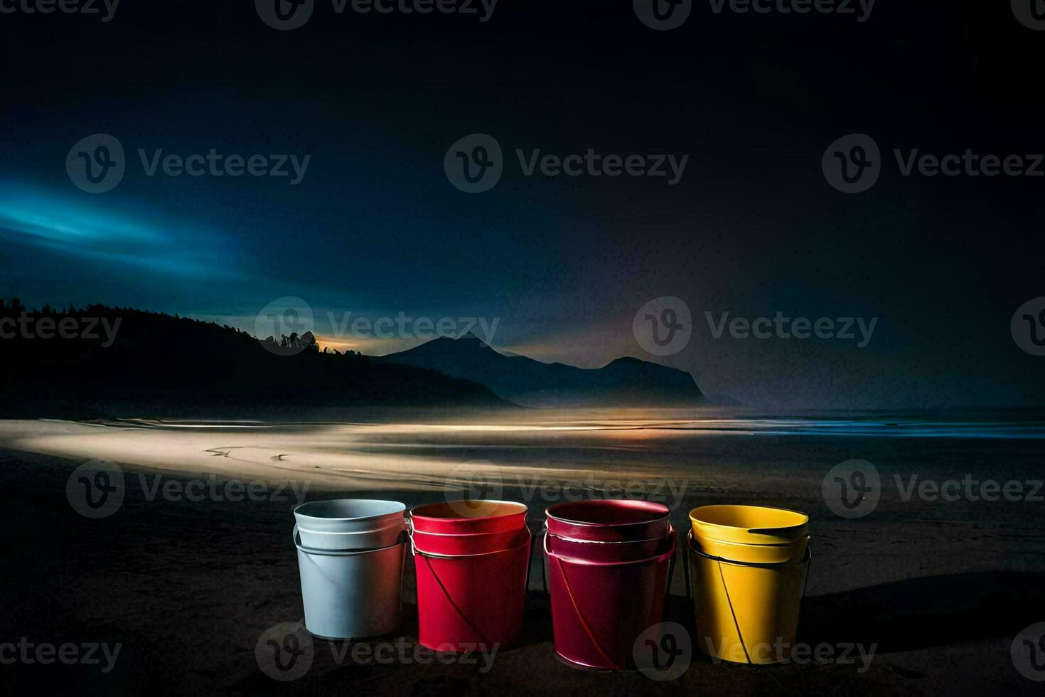 three buckets sit on the beach at night. AI-Generated photo