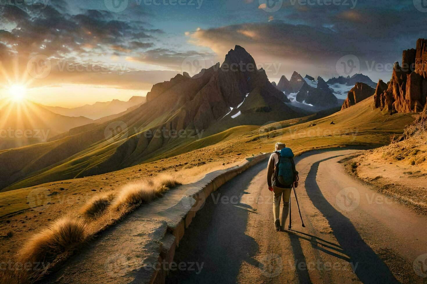 un hombre con mochila caminando en el la carretera en el montañas. generado por ai foto