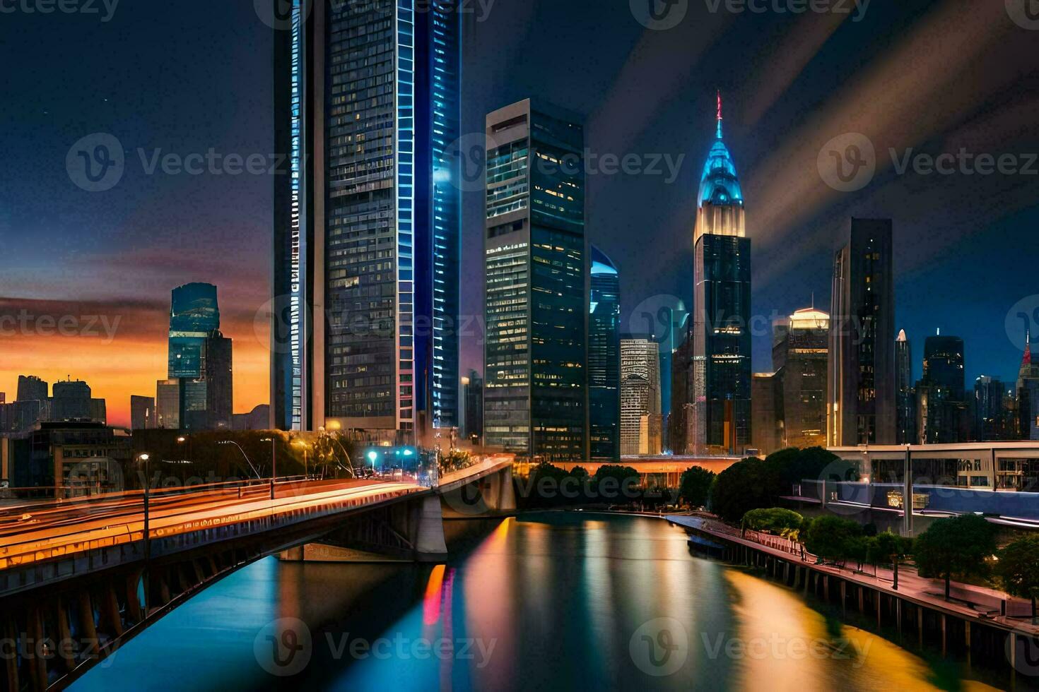 the city skyline at night with a bridge over a river. AI-Generated photo