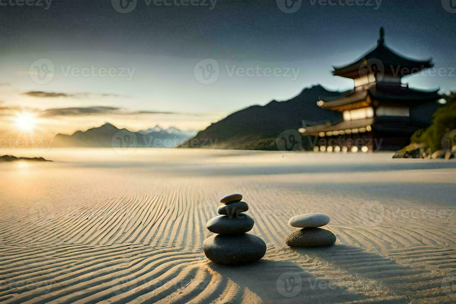 the sunrise in the background, the pagoda, the rocks, the beach, the mountains,. AI-Generated photo