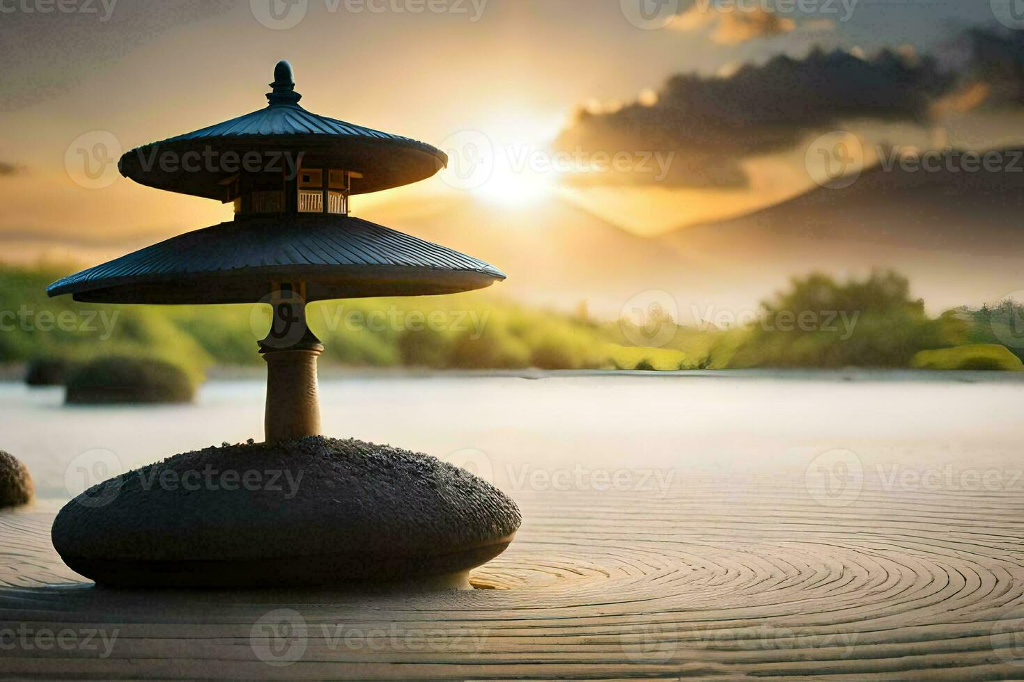 a pagoda sits on the sand in front of a mountain. AI-Generated photo