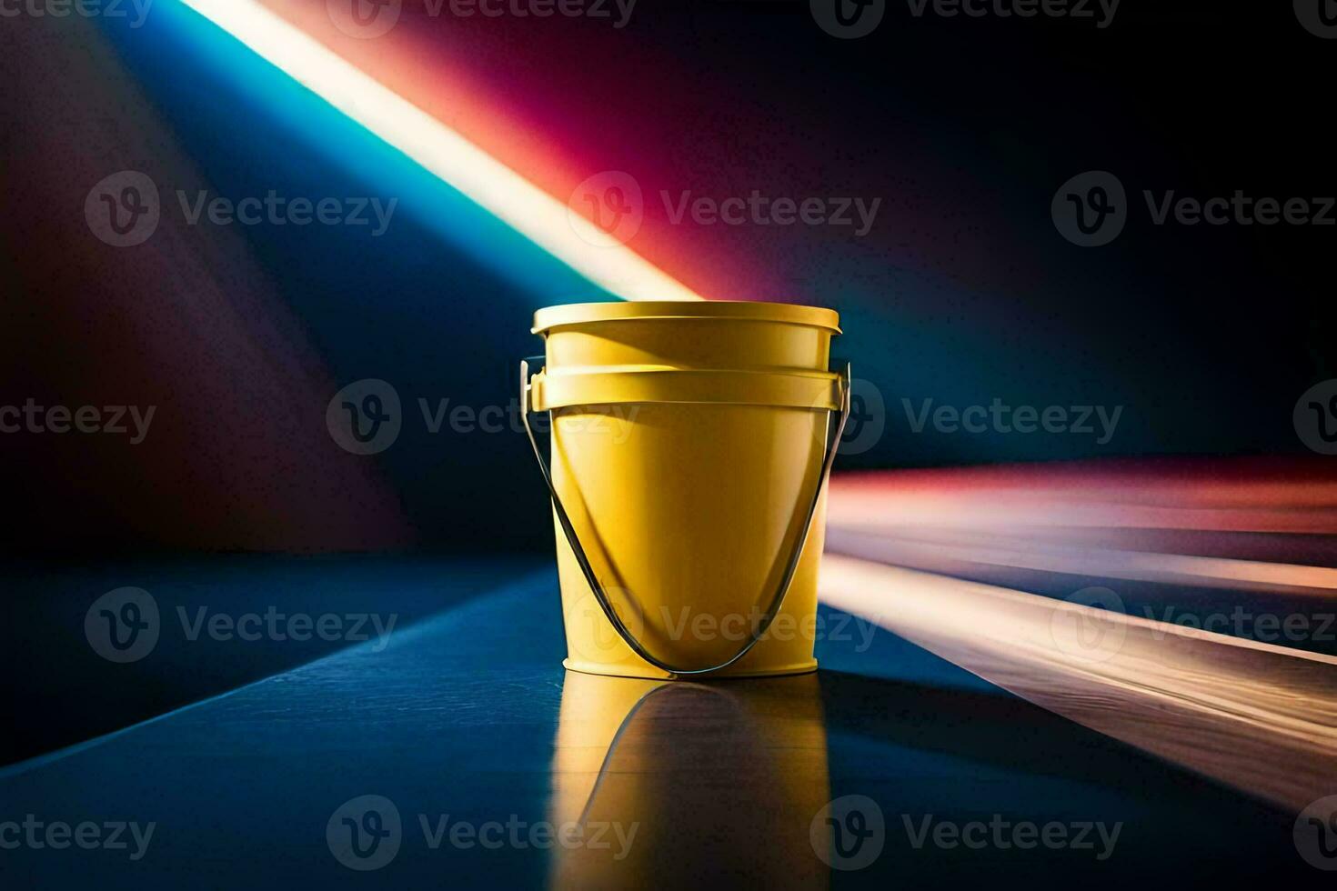 a yellow bucket sitting on a table with a bright light. AI-Generated photo