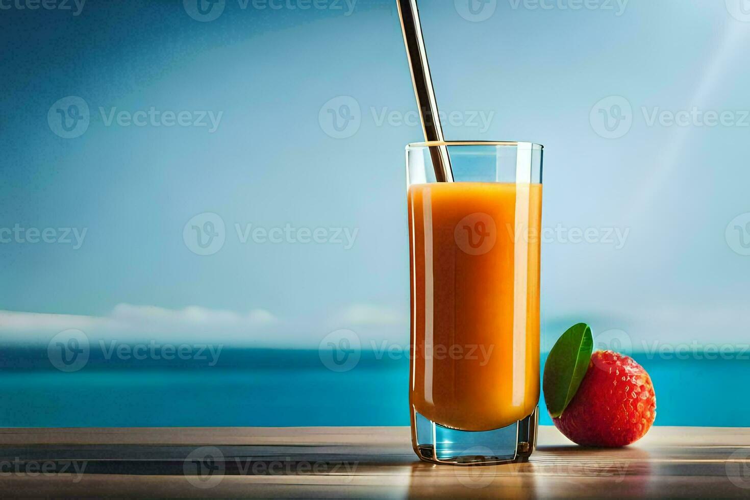 a glass of orange juice with a straw and a strawberry. AI-Generated photo
