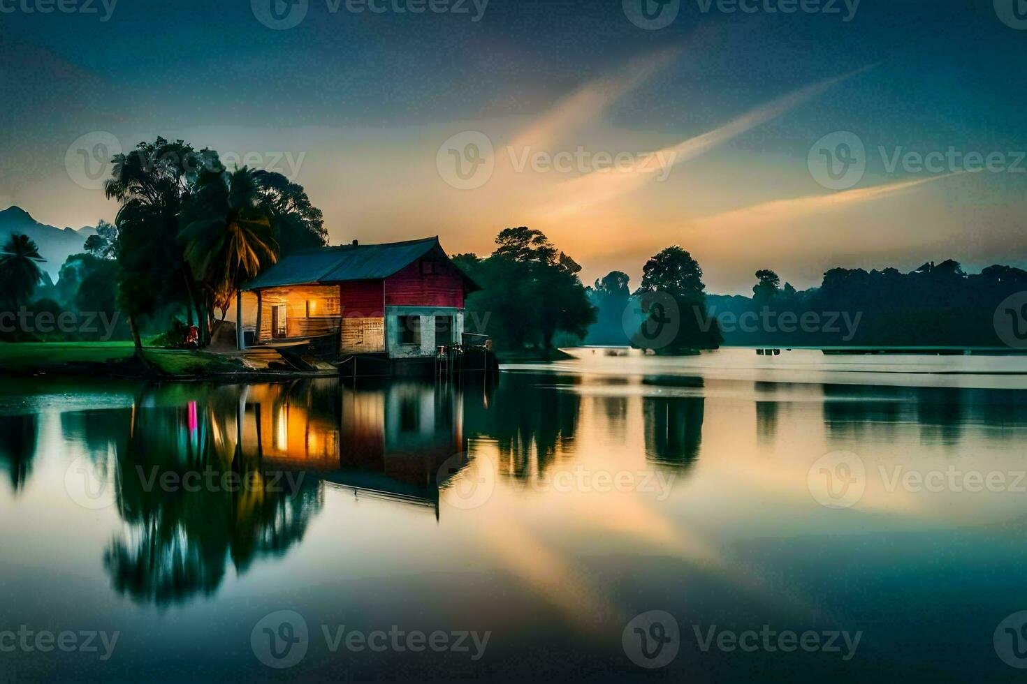 a small house sits on the edge of a lake at sunset. AI-Generated photo