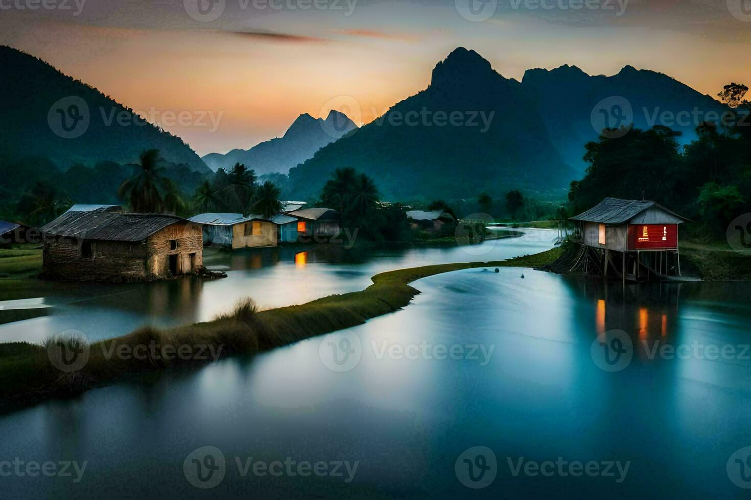 un río en el montañas con casas y montañas en el antecedentes. generado por ai foto