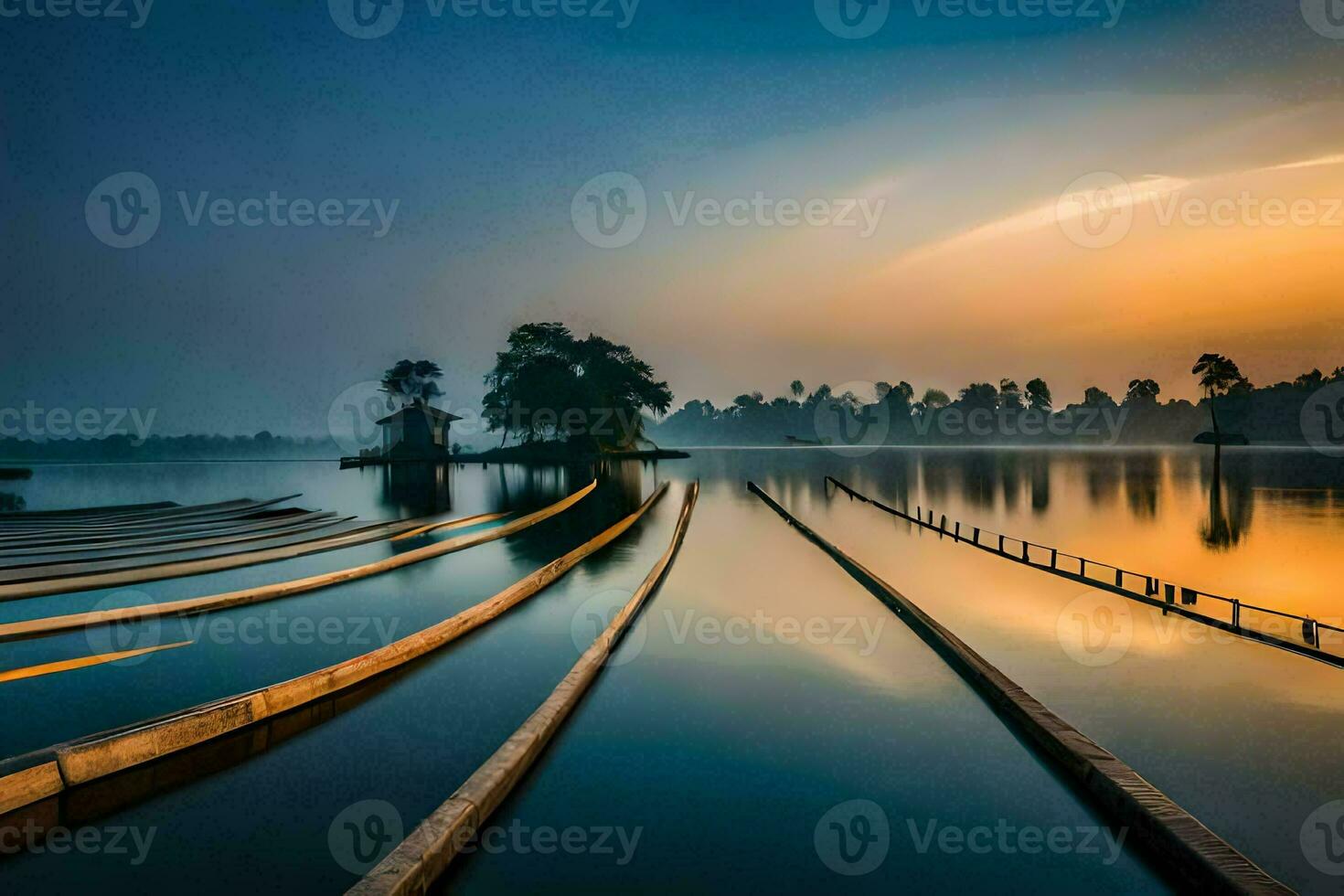 a long line of wooden poles in the water at sunset. AI-Generated photo