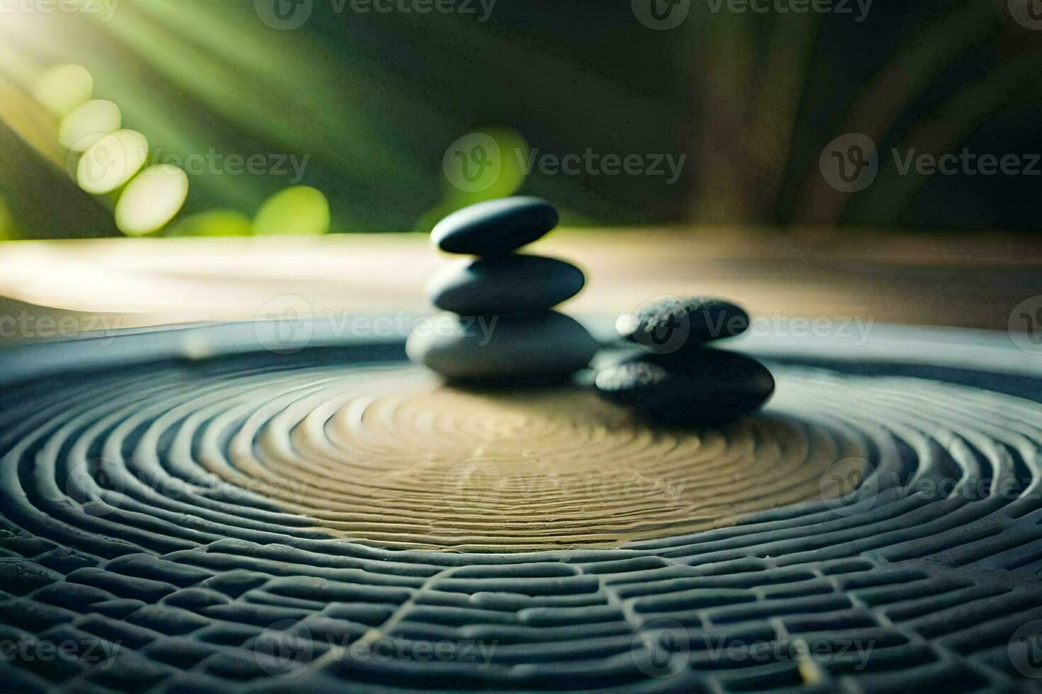 two stones on a circular tray with sunlight shining through the leaves. AI-Generated photo