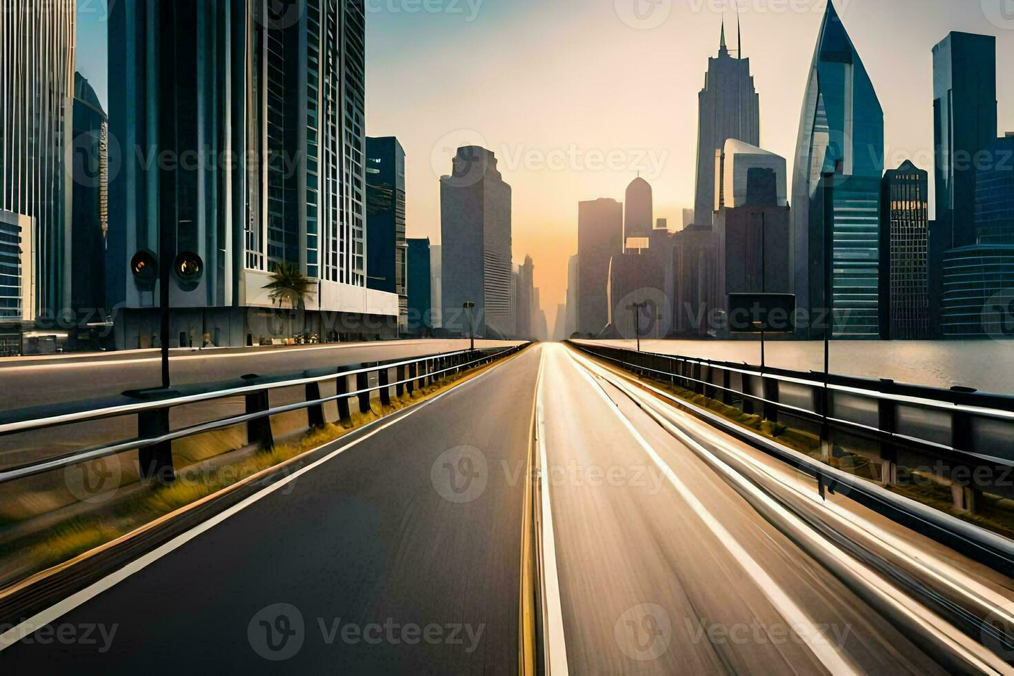 a city street with a highway and tall buildings. AI-Generated photo