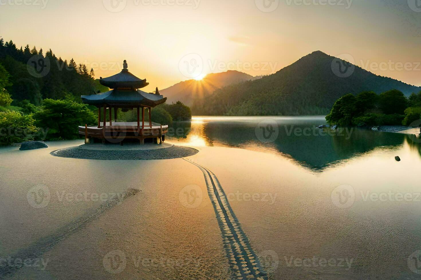 a pagoda sits on the shore of a lake at sunset. AI-Generated photo
