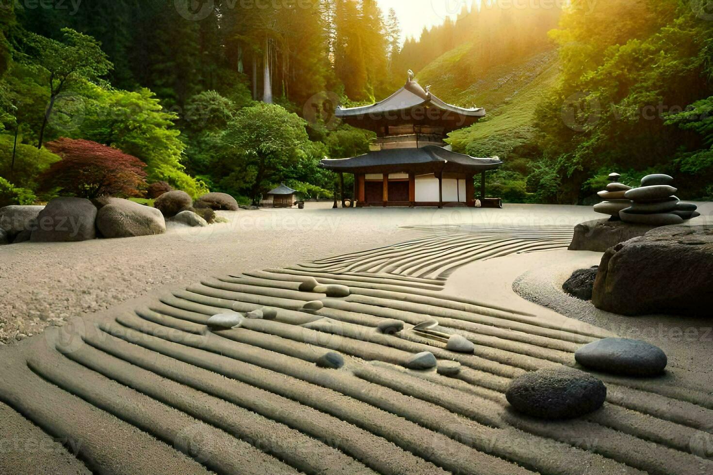 a pagoda sits in the middle of a garden. AI-Generated photo