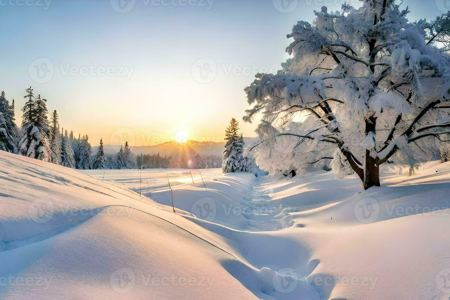 a snowy landscape with trees and the sun setting. AI-Generated photo