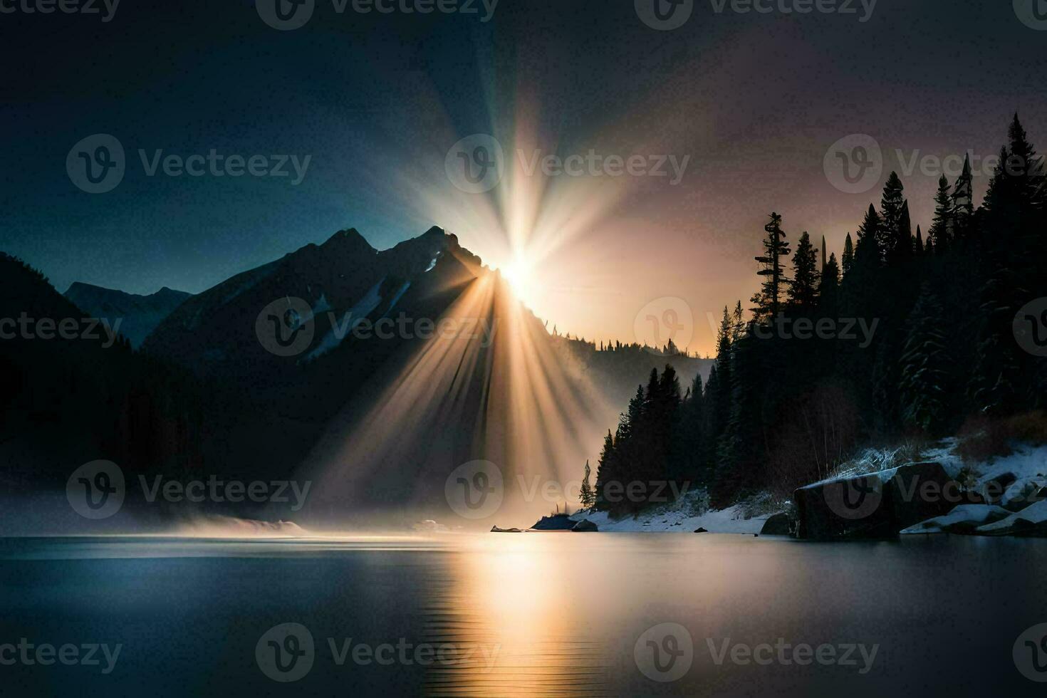 photo wallpaper the sky, mountains, lake, sun, light, the sun, the light,. AI-Generated