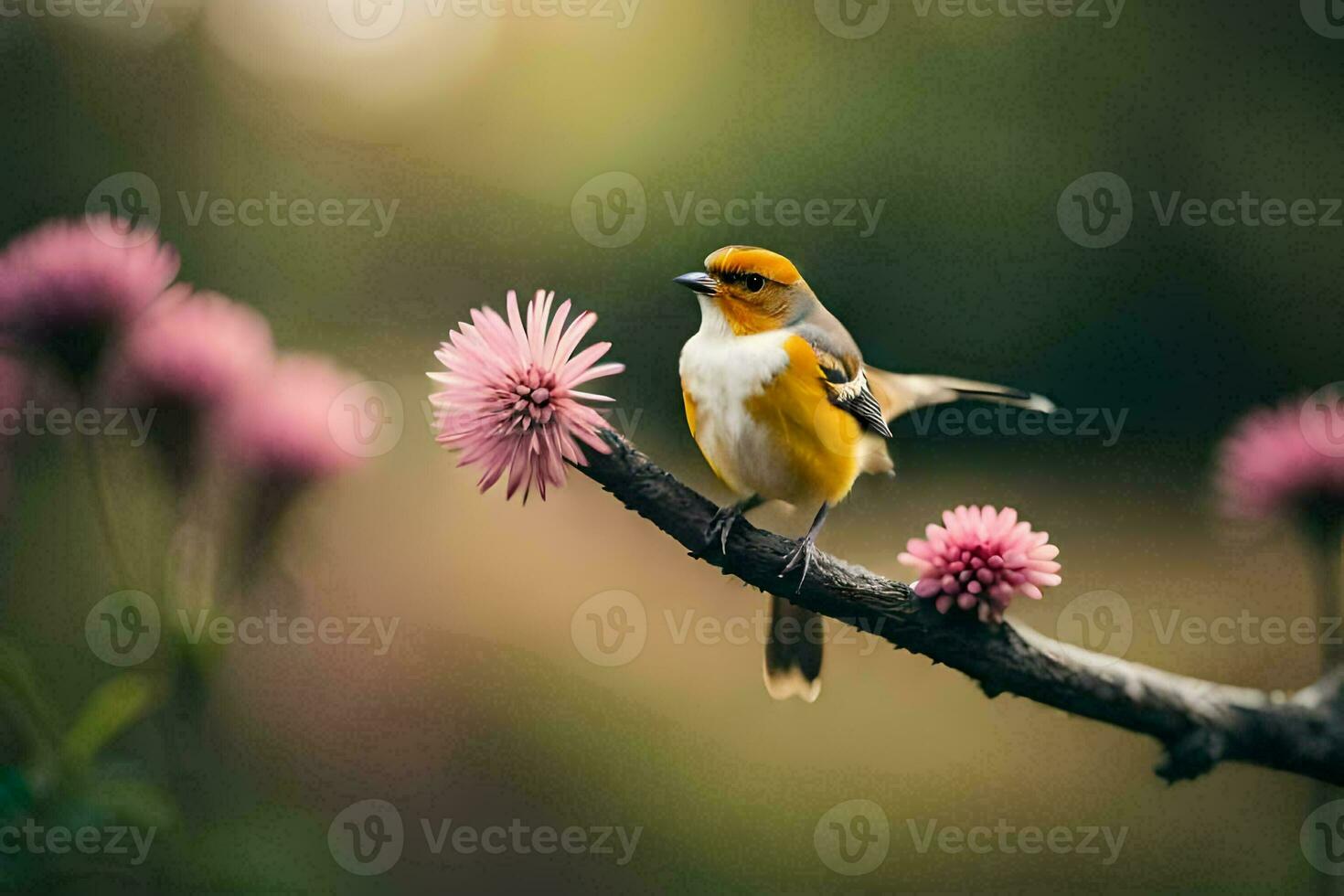 a bird sits on a branch with pink flowers. AI-Generated photo