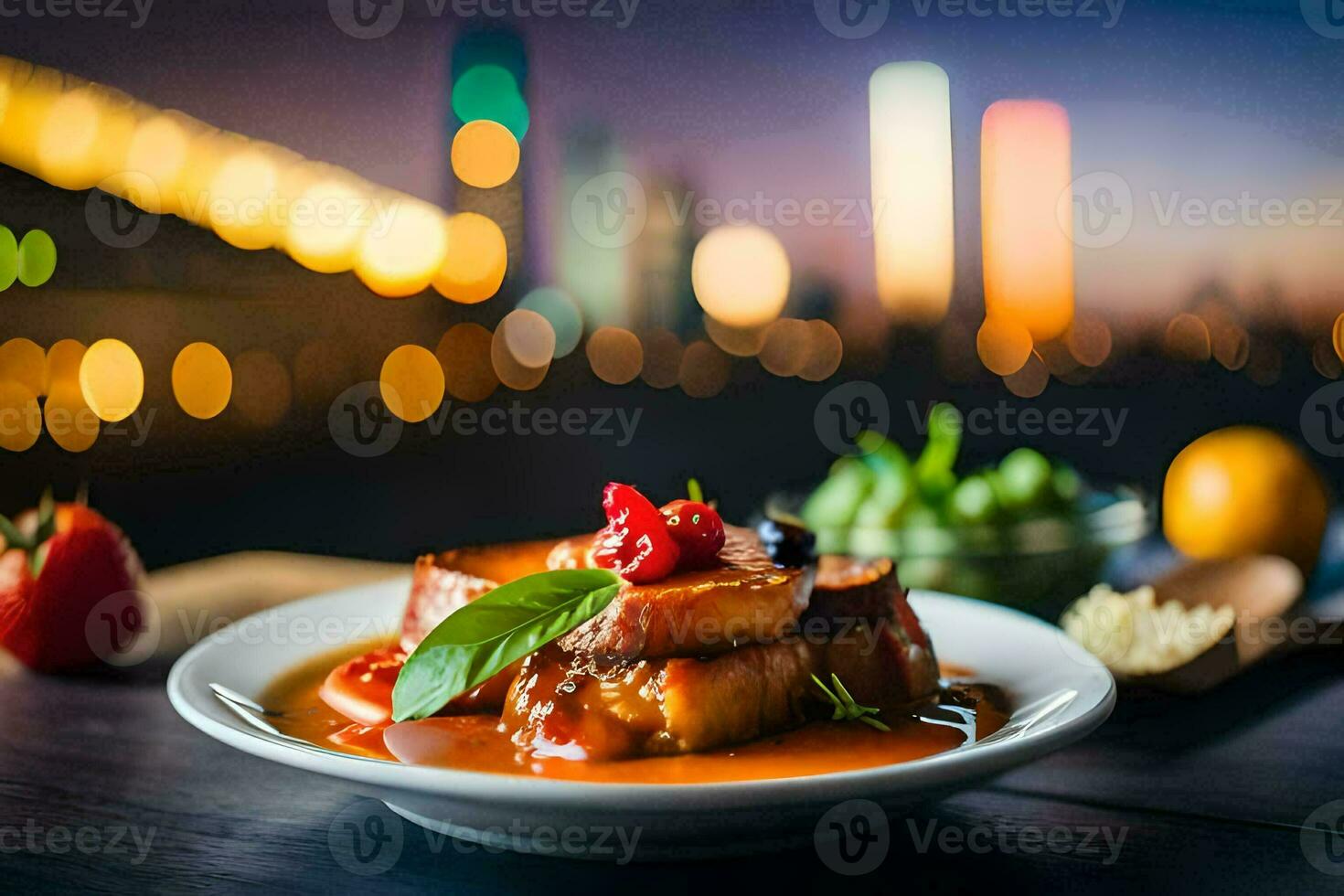 a plate of food with a cityscape in the background. AI-Generated photo