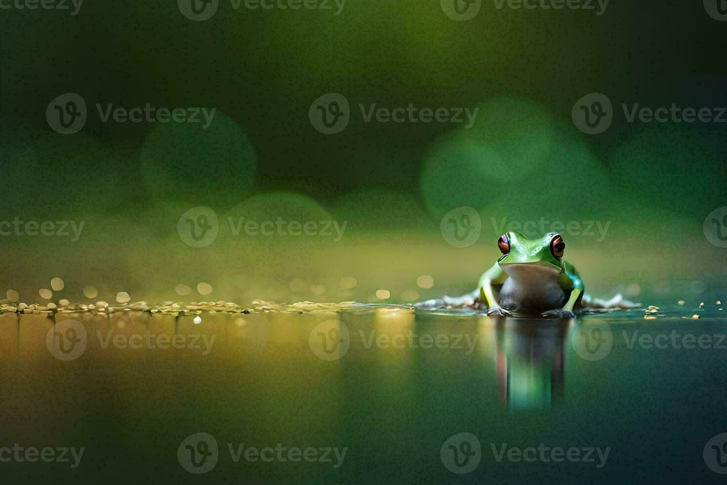 a frog is sitting on the water with a green background. AI-Generated photo