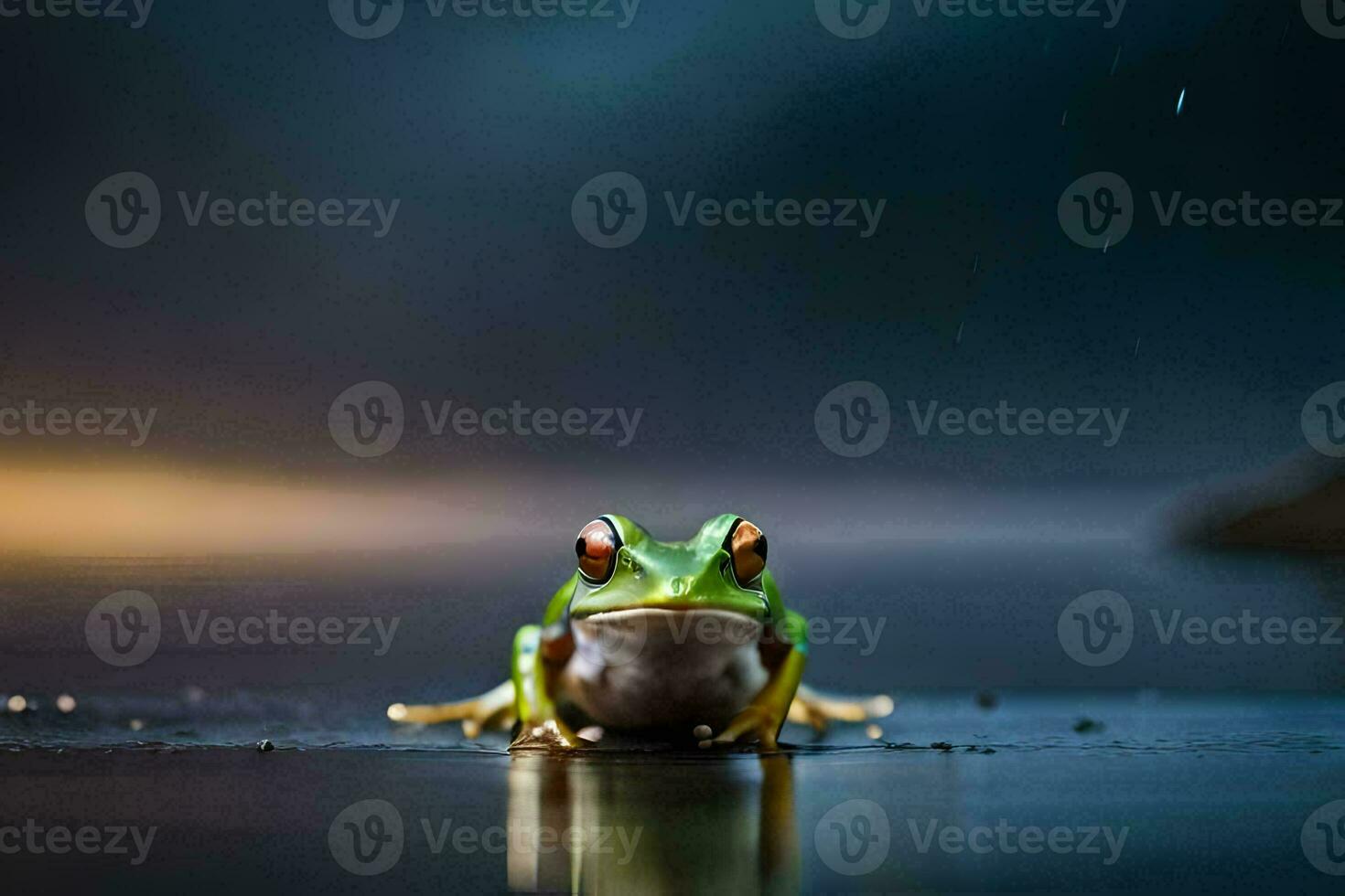 a frog sitting on the ground in the rain. AI-Generated photo
