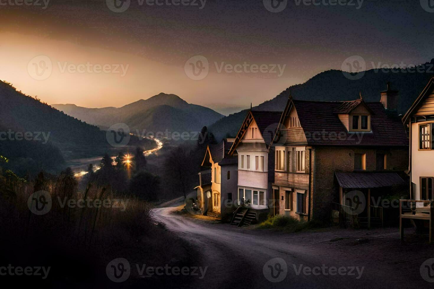 a road in the mountains with houses. AI-Generated photo