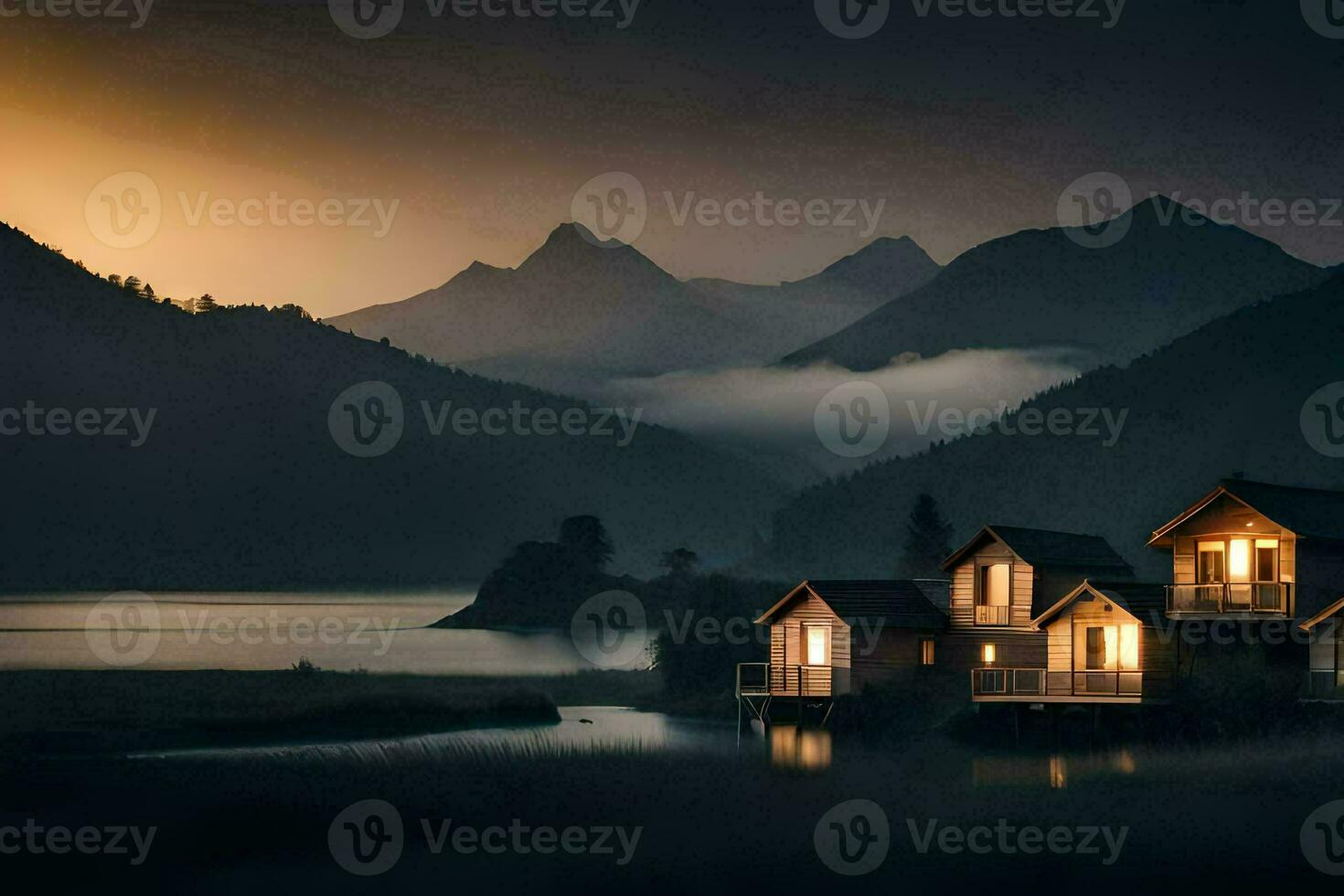 photo wallpaper the sky, mountains, fog, lake, house, the mountains, the lake,. AI-Generated
