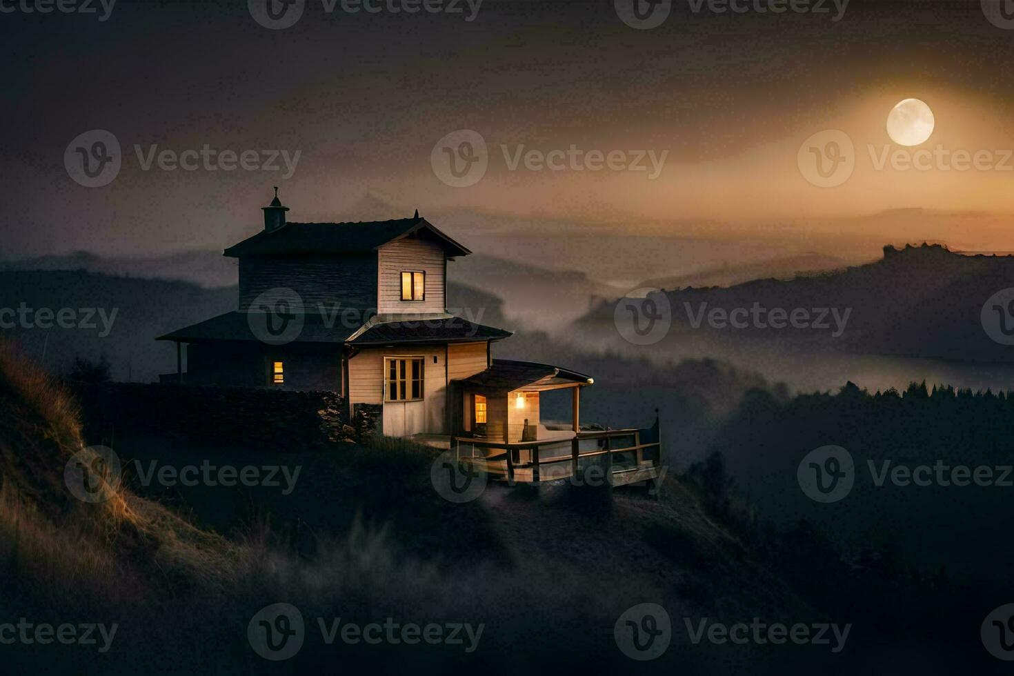 a house sits on top of a hill overlooking a valley. AI-Generated photo