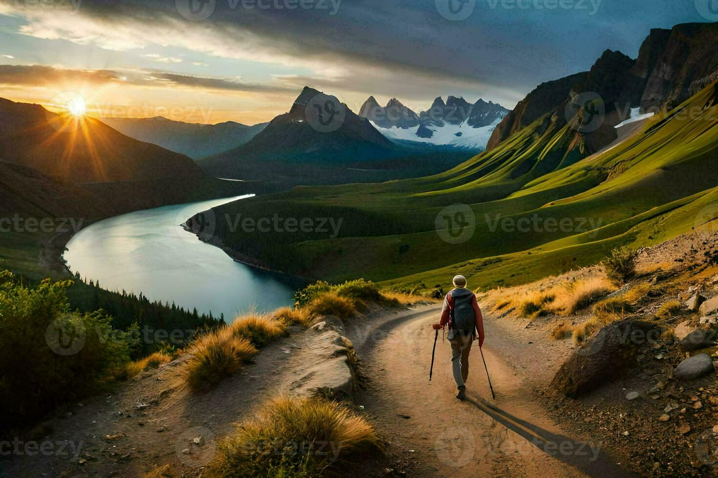 un hombre camina a lo largo un camino en el montañas. generado por ai foto