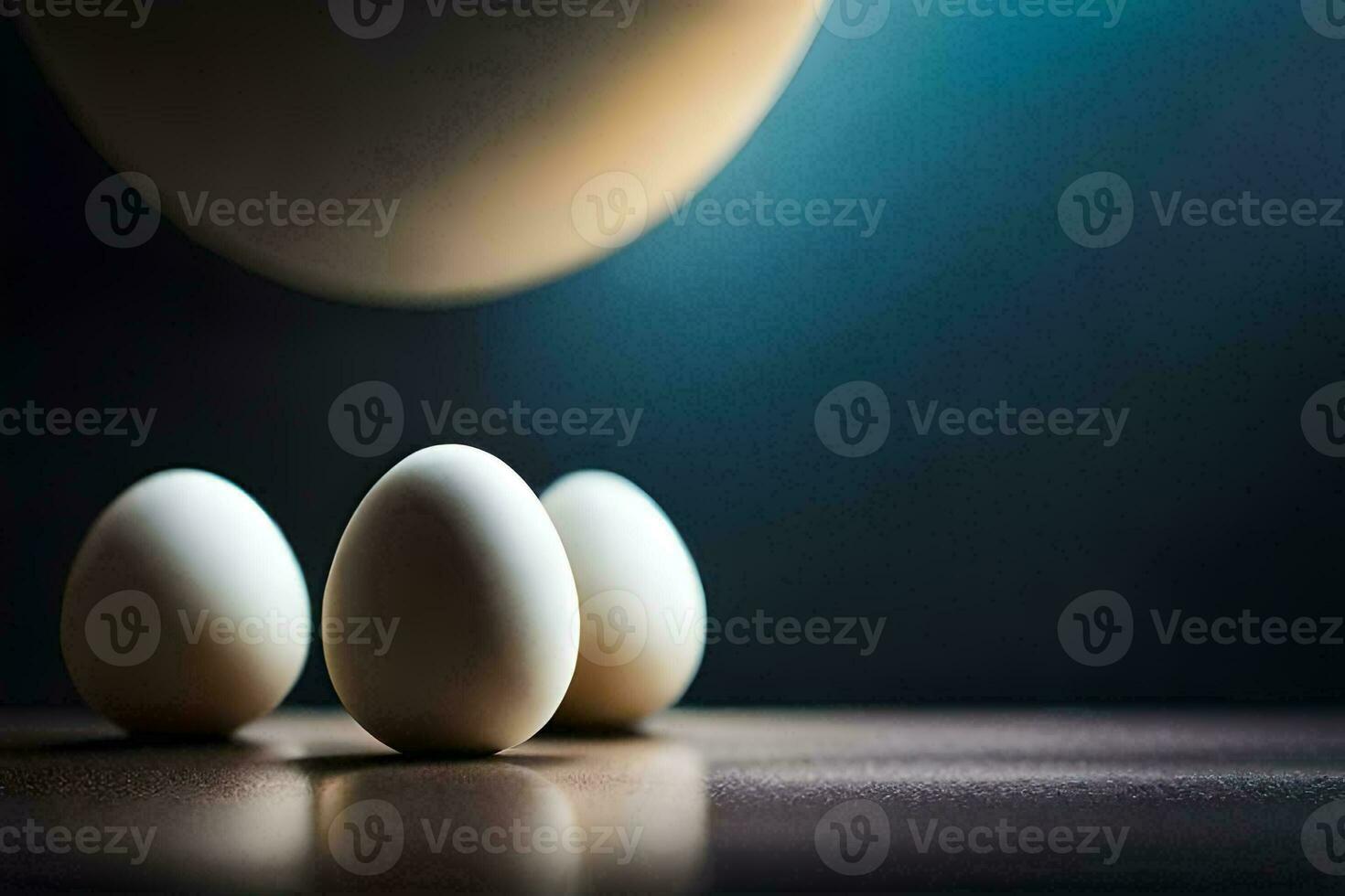 three eggs on a table with a light behind them. AI-Generated photo