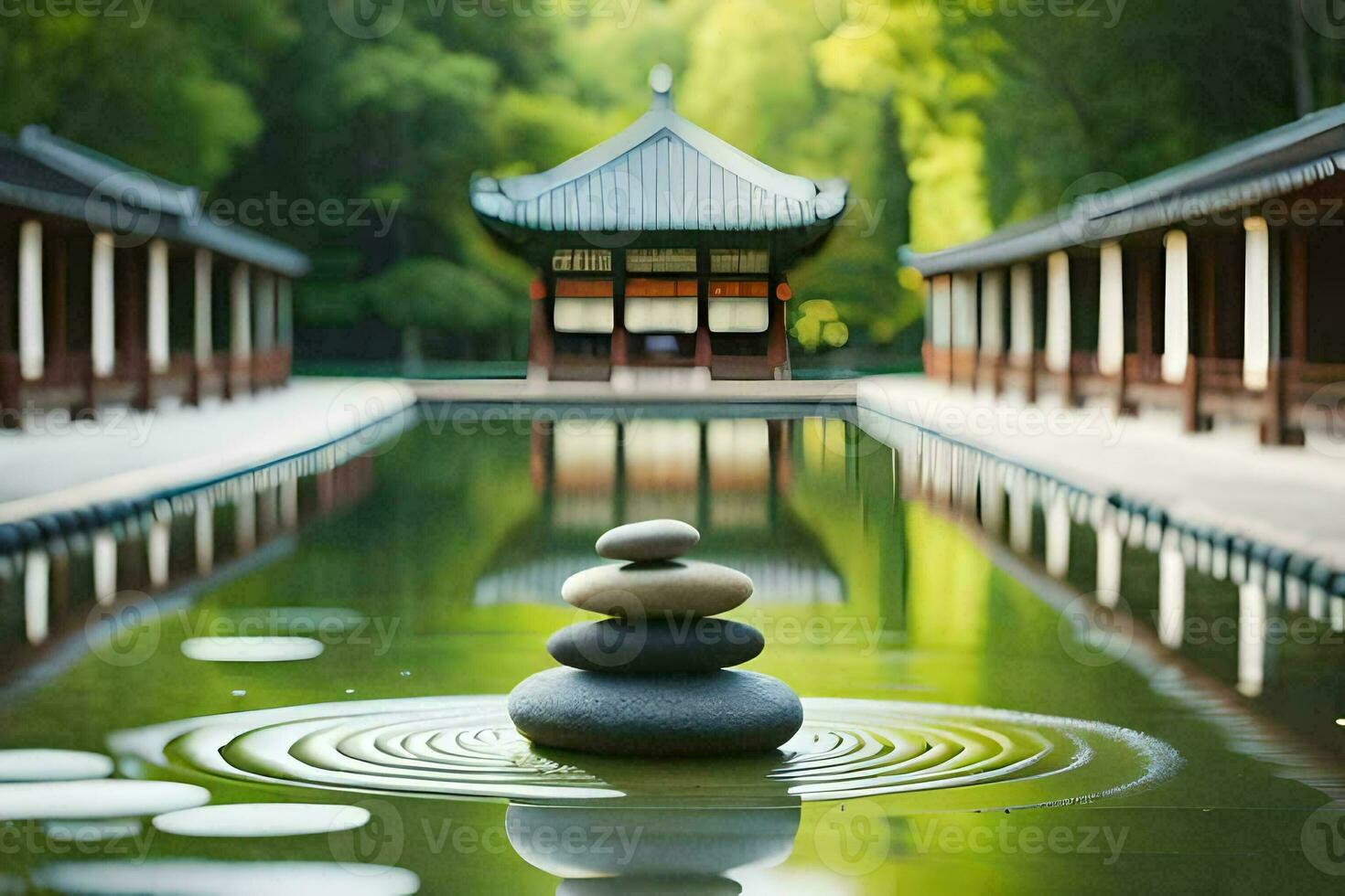 a pond with stones and a pagoda in the background. AI-Generated photo