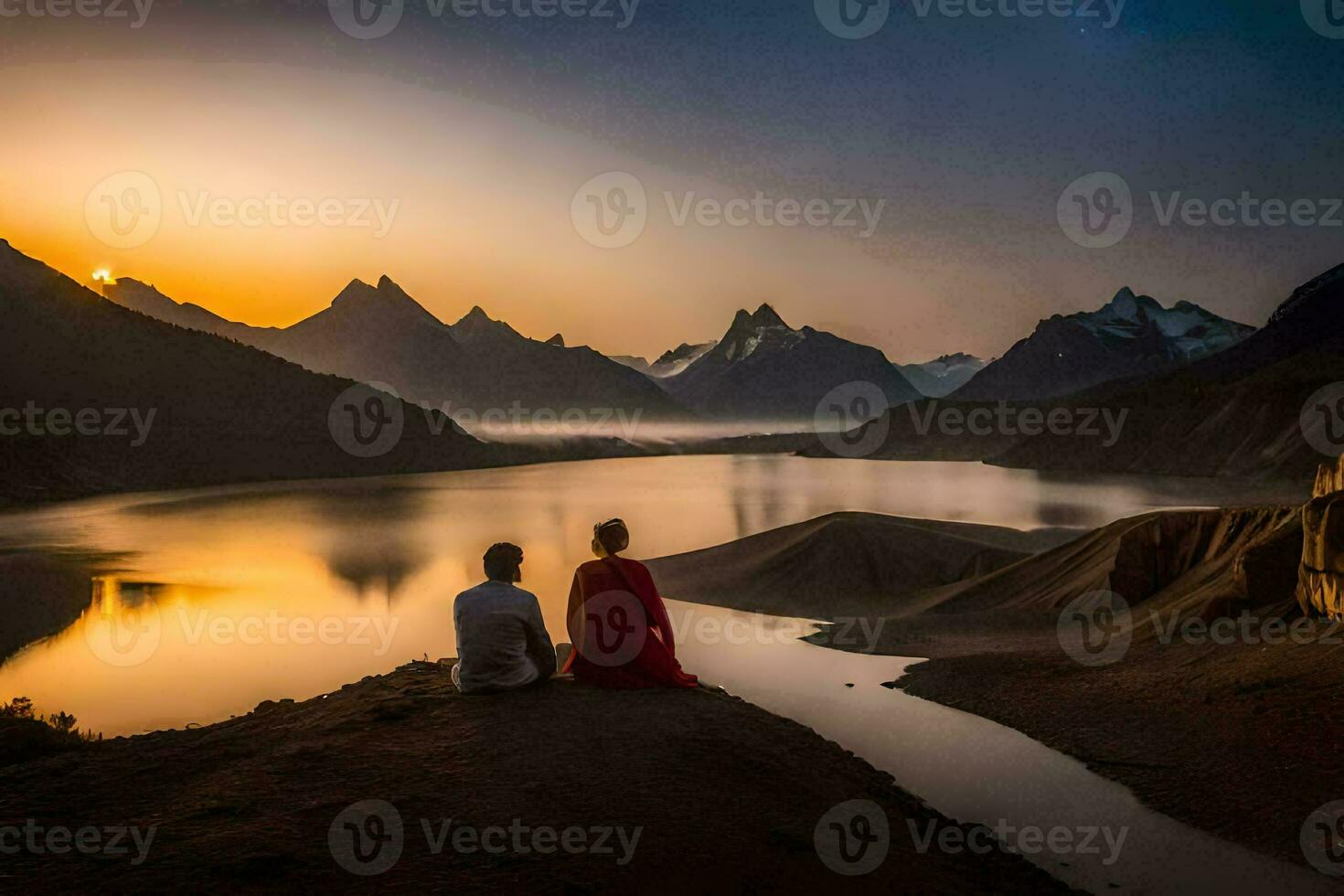 the couple is sitting on the edge of a cliff overlooking a lake. AI-Generated photo