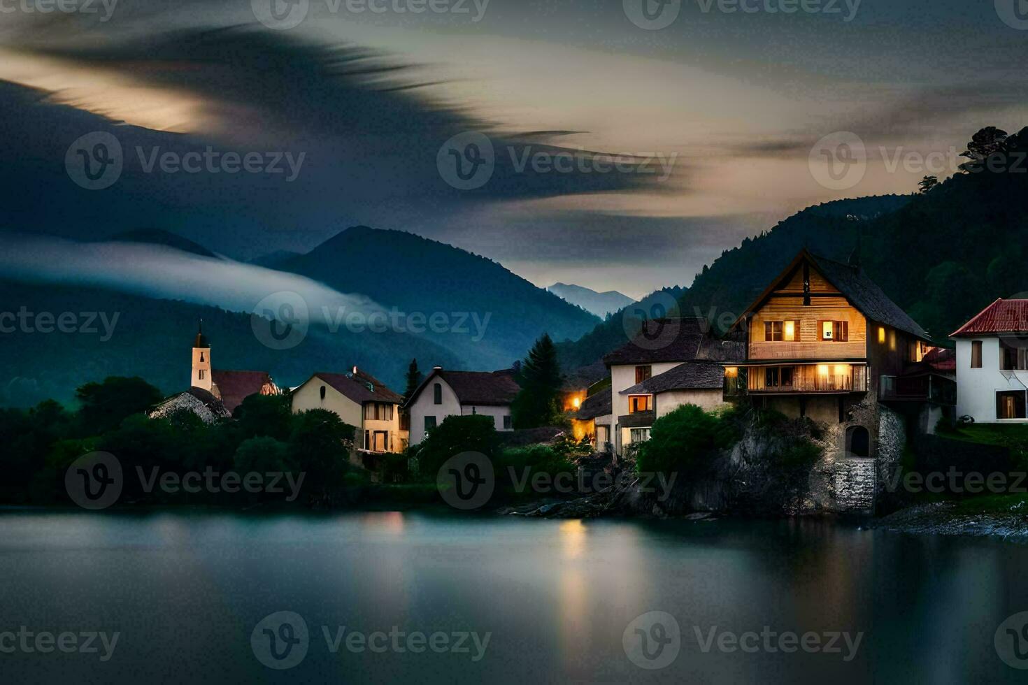 photo wallpaper the sky, mountains, lake, house, the village, the lake, the village. AI-Generated