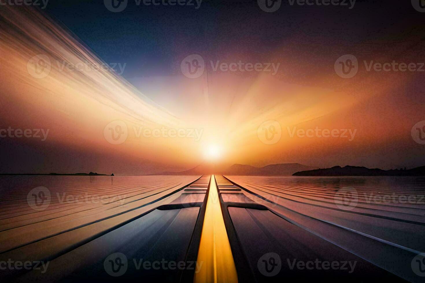 a boat is sailing across the ocean at sunset. AI-Generated photo