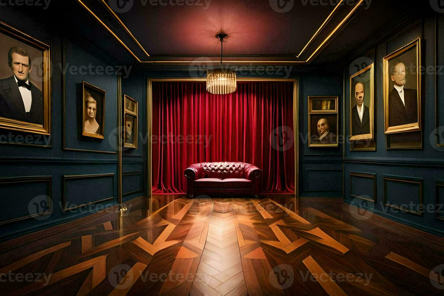 a room with a red chair and paintings on the walls. AI-Generated photo