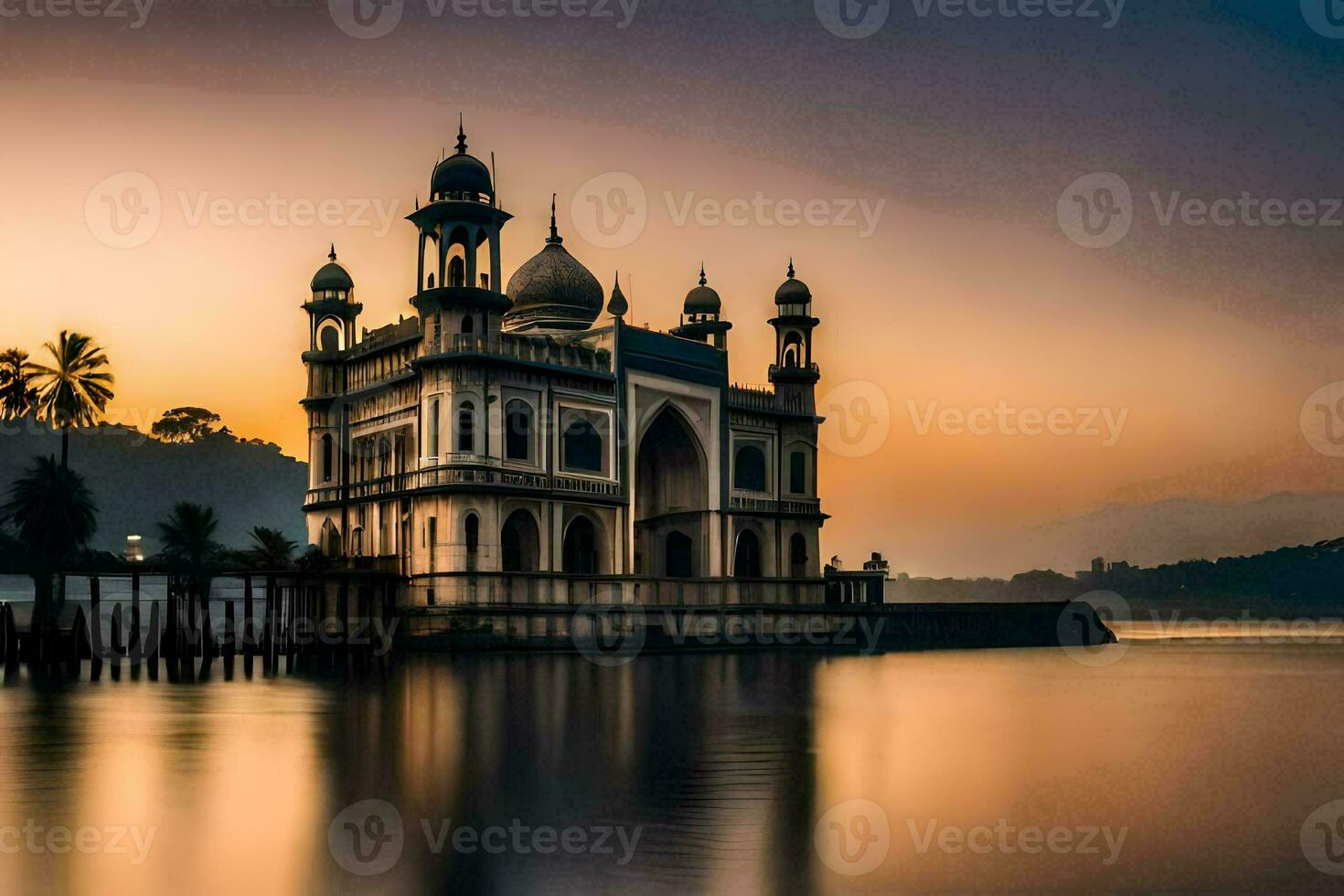 a mosque is seen at sunset in india. AI-Generated photo
