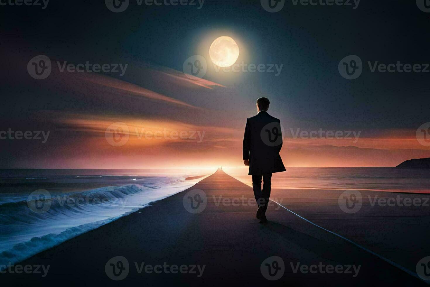 a man walks along the beach at night with a full moon in the background. AI-Generated photo